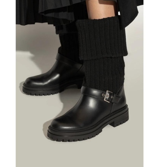 Gianvito Rossi Thurso Knit Collar Moto Combat Leather Boots - Picture 1 of 16
